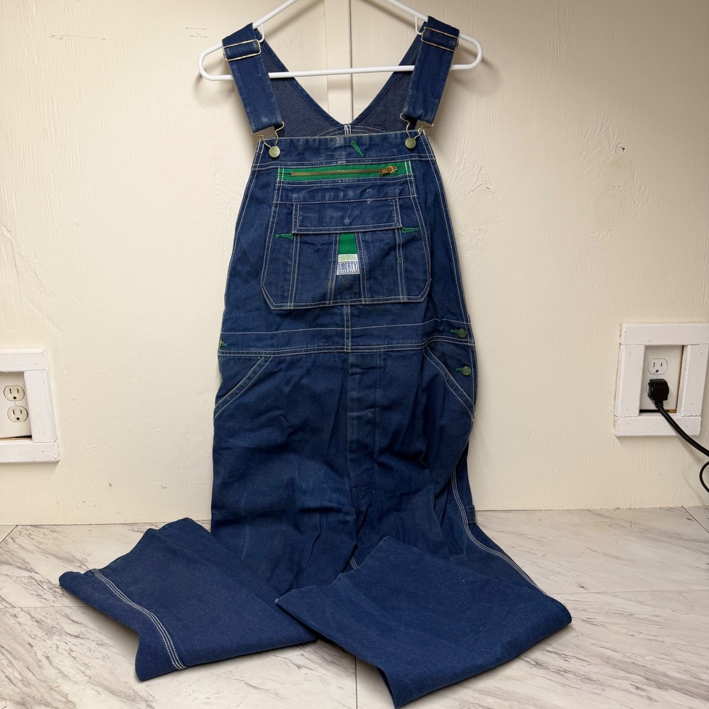Liberty Overalls Mens Blue Denim Bib Workwear Green Zipper 40x29 Vintage Style